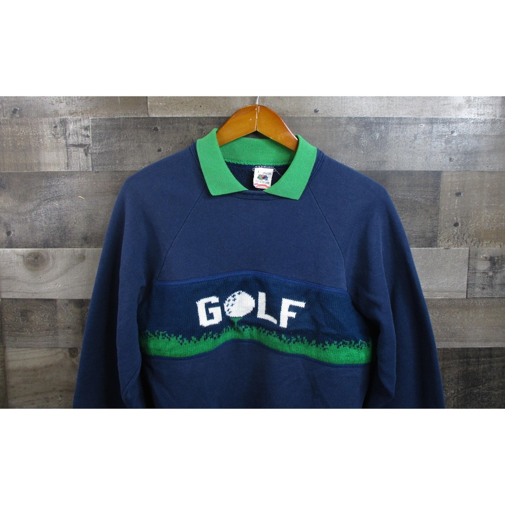 Vintage Fruit Of The Loom Sweater Mens Large Blue Golf Knit Made USA 80s